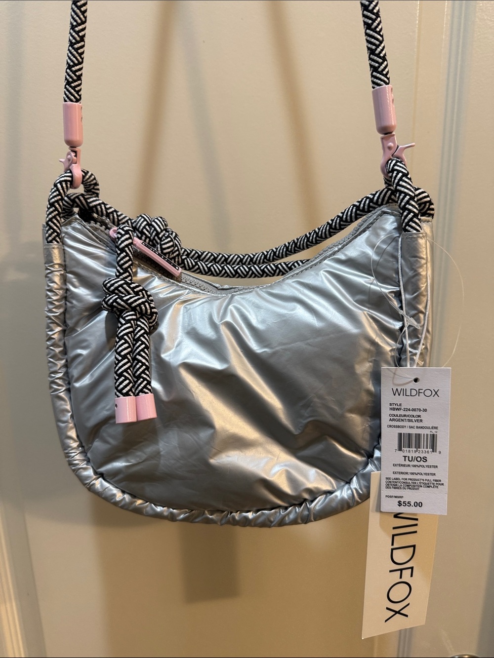 Wildfox Silver Shoulder Bag with Black & White Rope like Strap NWT